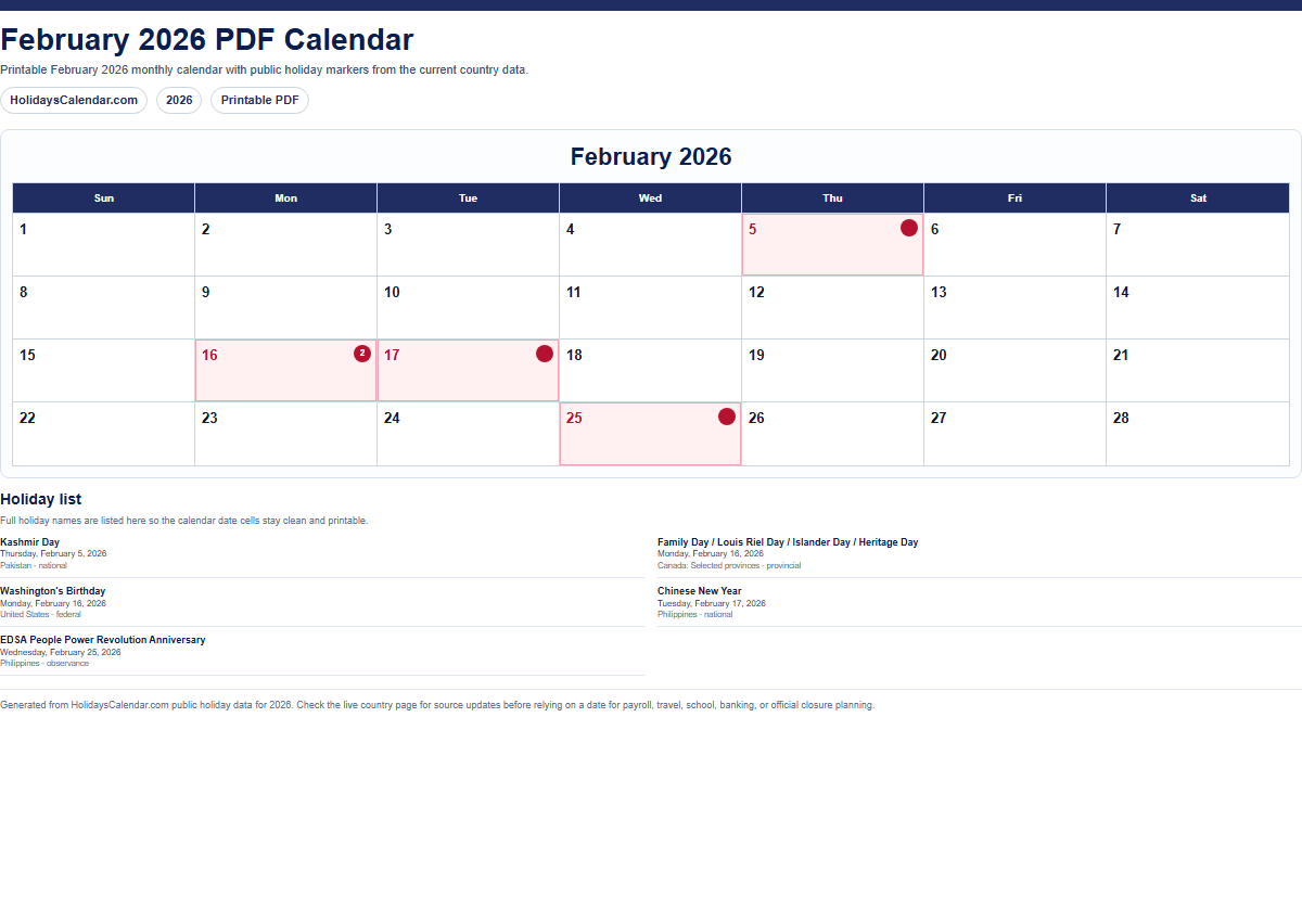 February 2026 PDF calendar preview