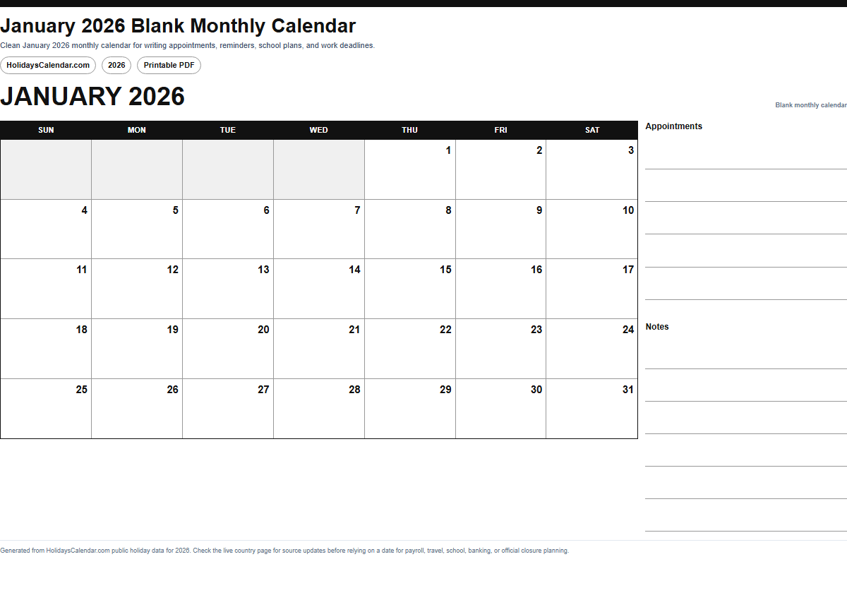 January 2026 blank monthly calendar PDF preview