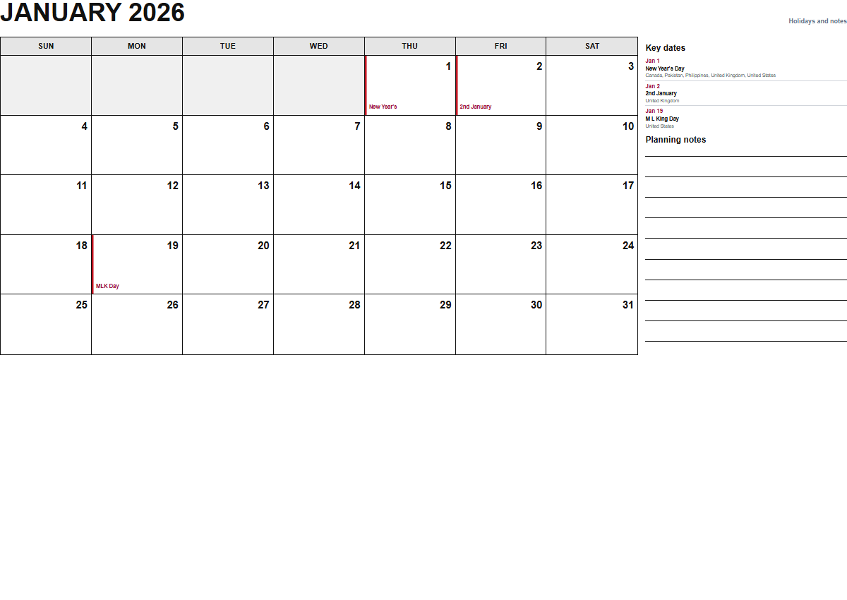 January 2026 calendar with holidays and notes PDF preview