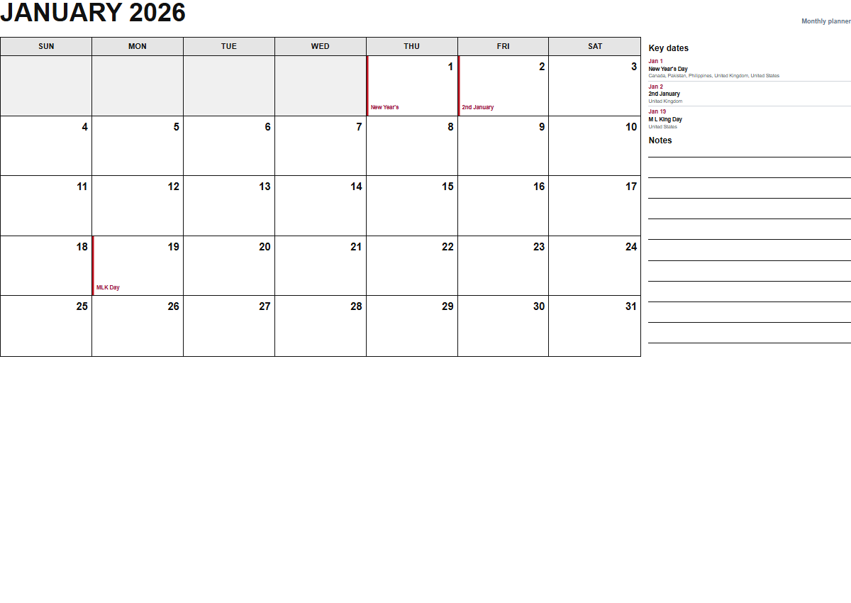 January 2026 monthly planner calendar PDF preview