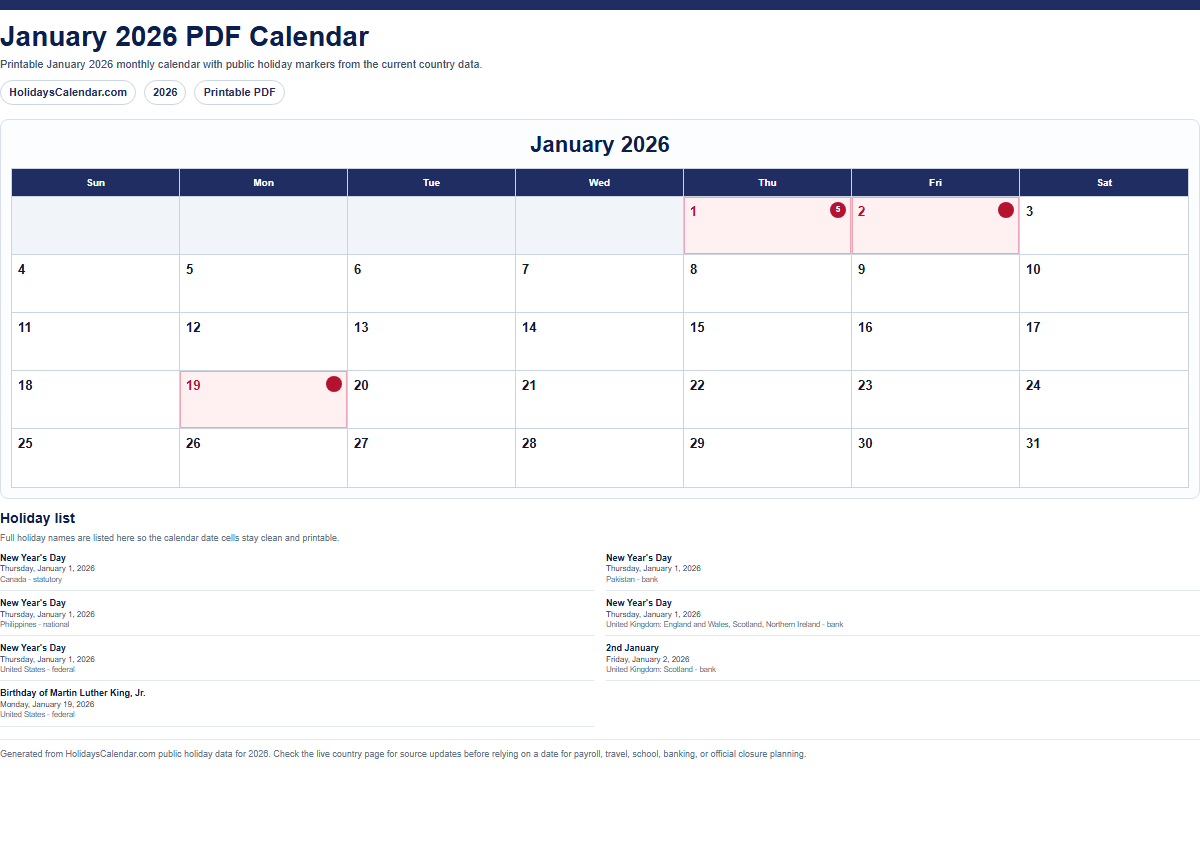January 2026 PDF calendar preview