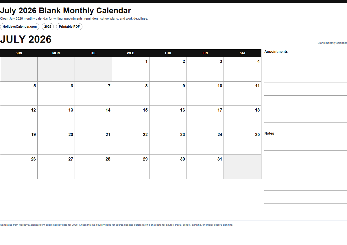 July 2026 blank monthly calendar PDF preview