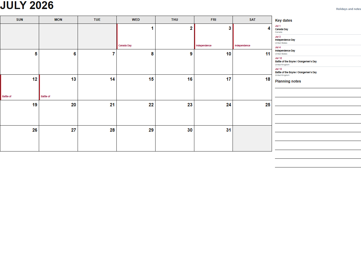 July 2026 calendar with holidays and notes PDF preview