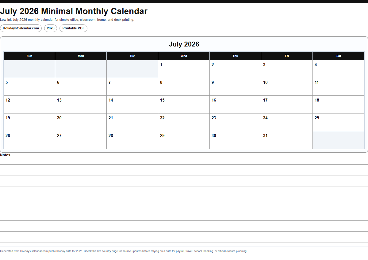 July 2026 minimal monthly calendar PDF preview