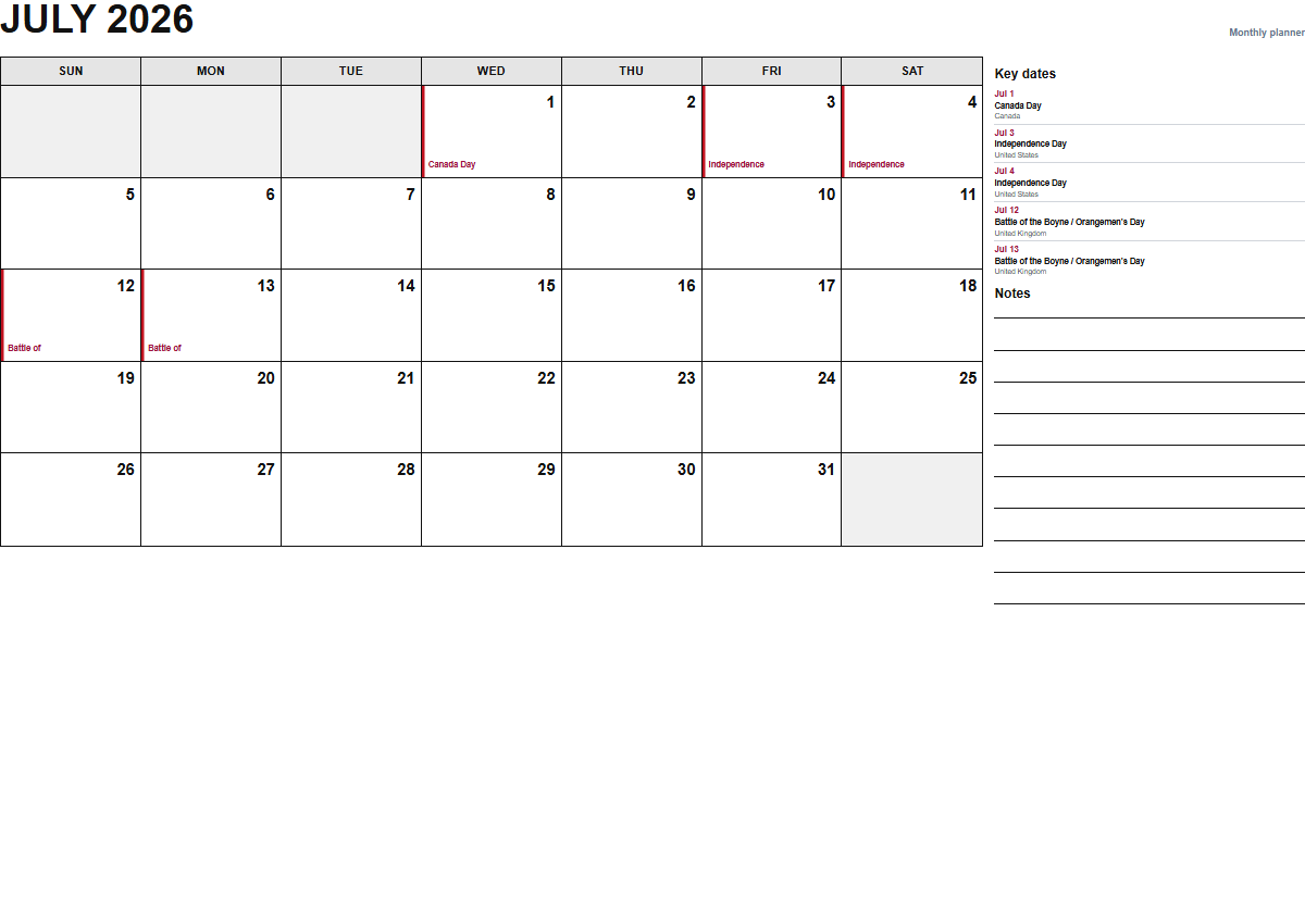 July 2026 monthly planner calendar PDF preview