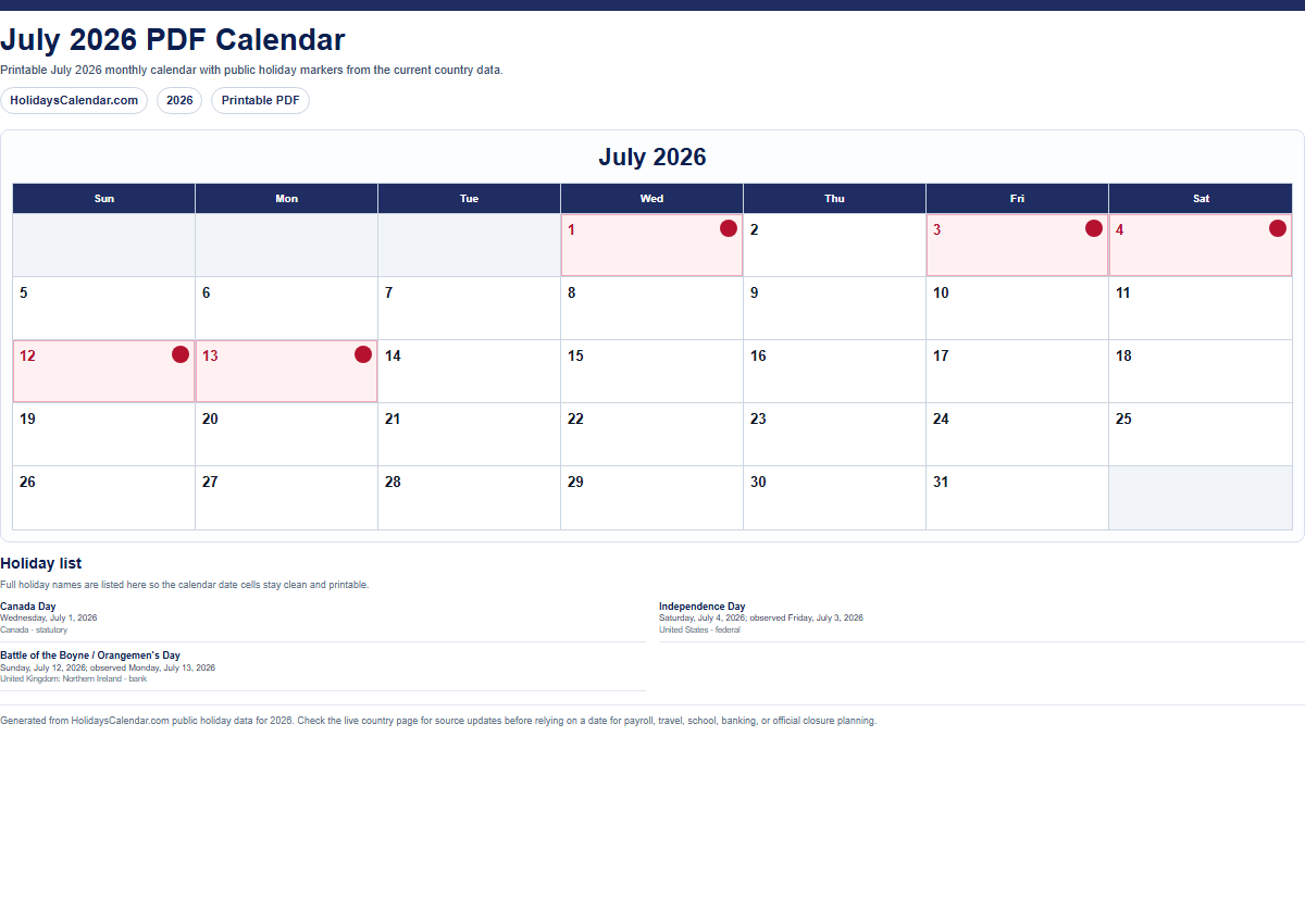 July 2026 PDF calendar preview