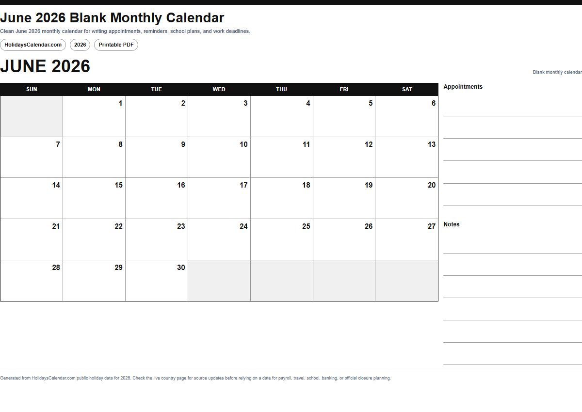 June 2026 blank monthly calendar PDF preview