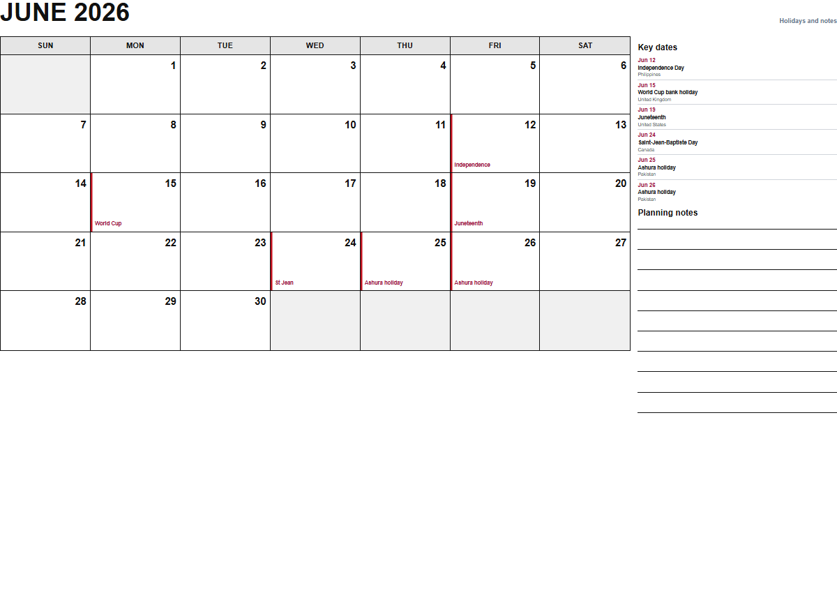 June 2026 calendar with holidays and notes PDF preview