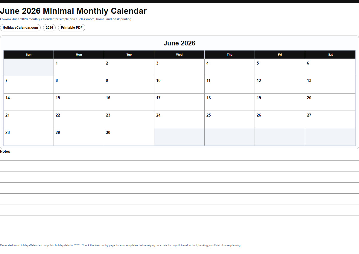 June 2026 minimal monthly calendar PDF preview