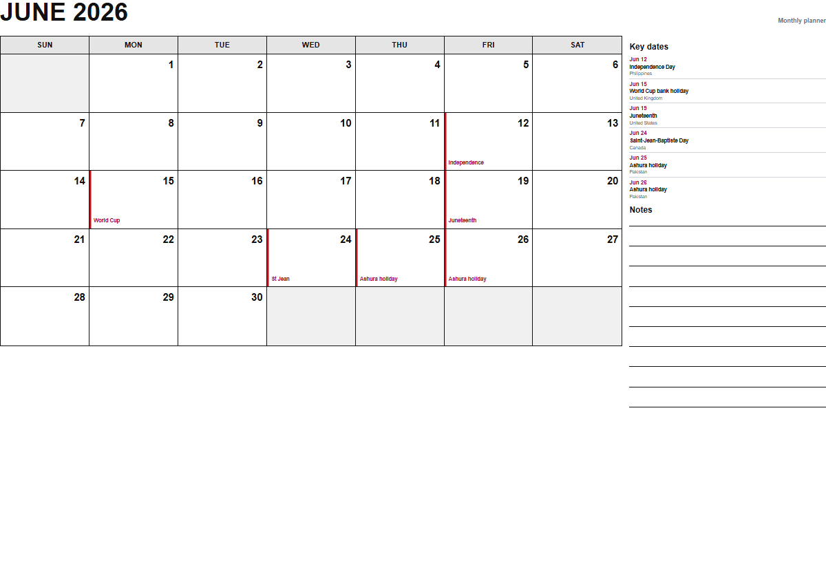 June 2026 monthly planner calendar PDF preview