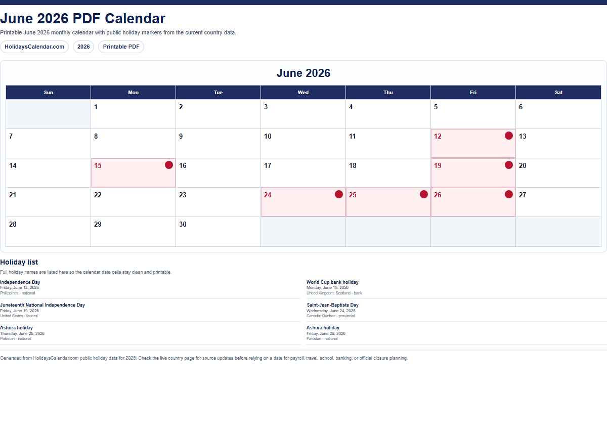 June 2026 PDF calendar preview