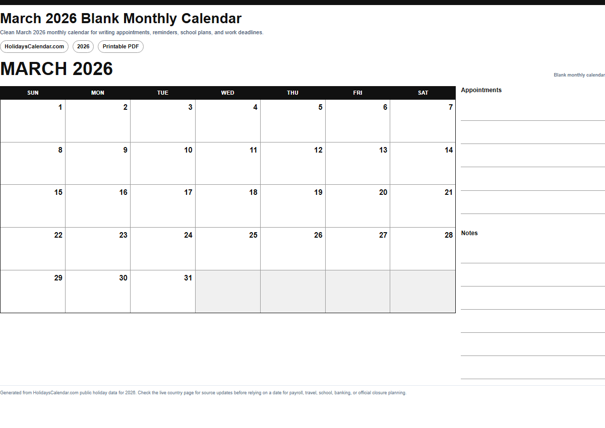 March 2026 blank monthly calendar PDF preview