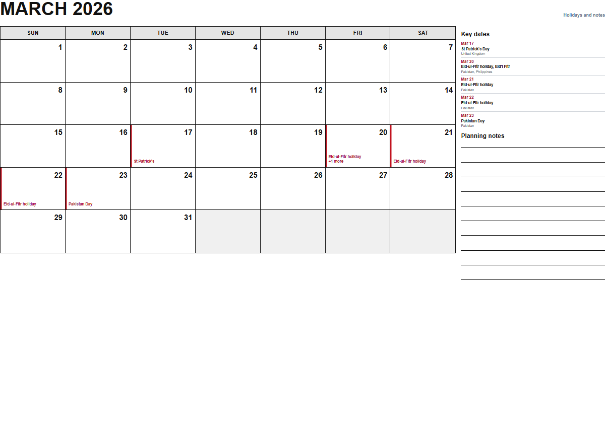 March 2026 calendar with holidays and notes PDF preview