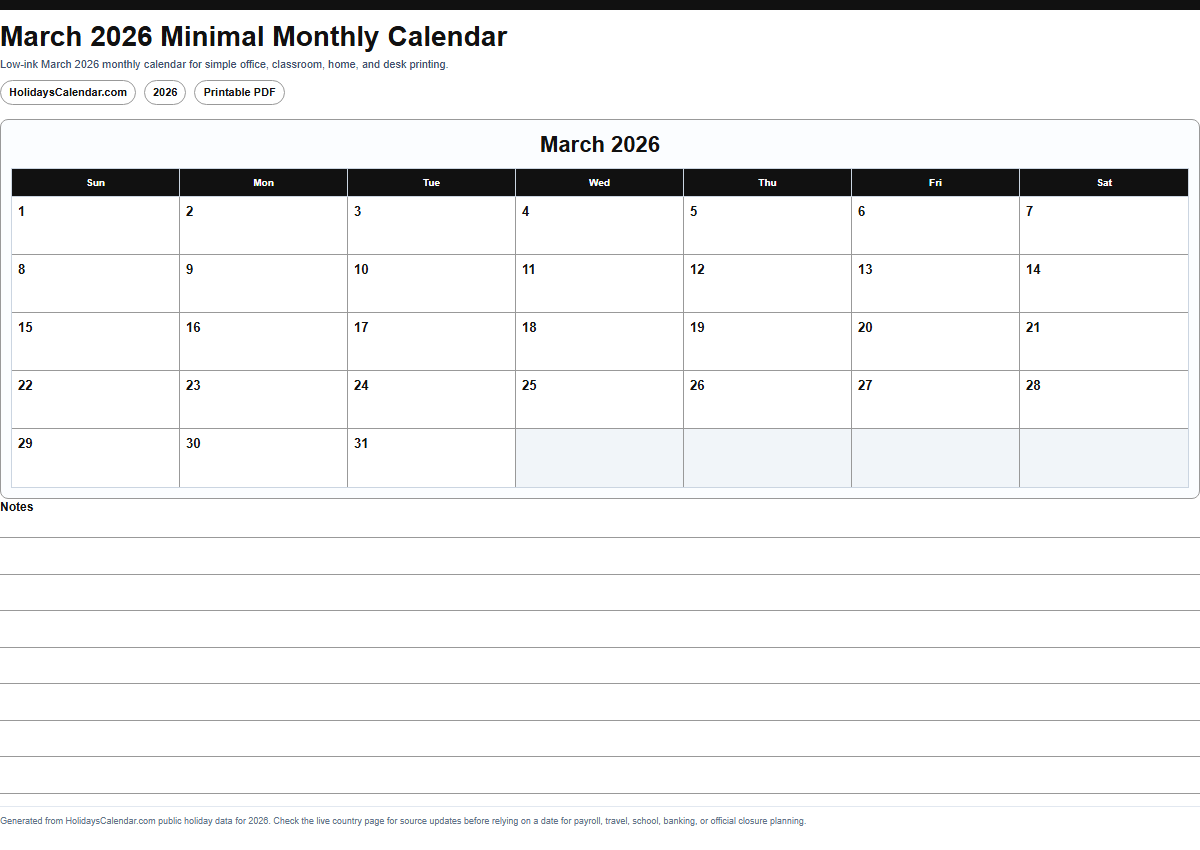 March 2026 minimal monthly calendar PDF preview