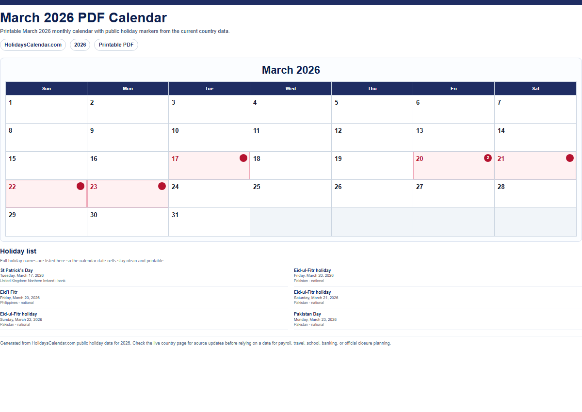March 2026 PDF calendar preview