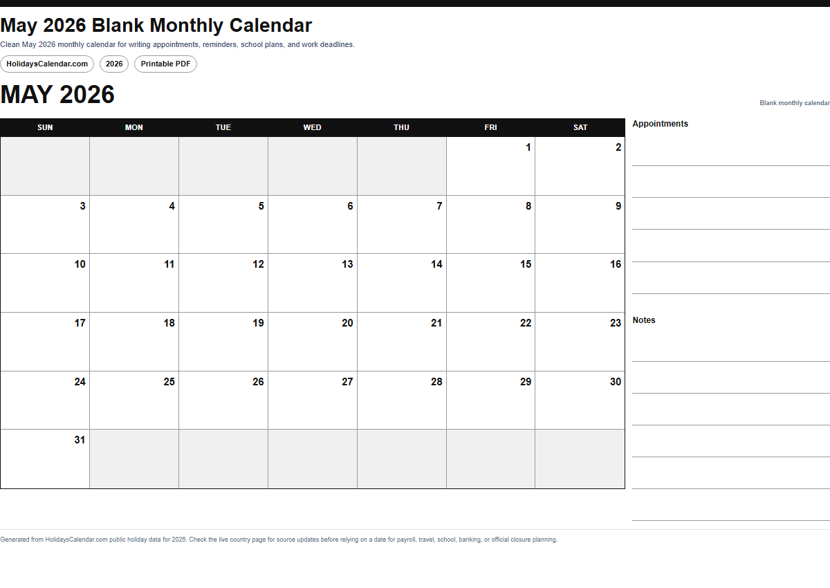 May 2026 blank monthly calendar PDF preview