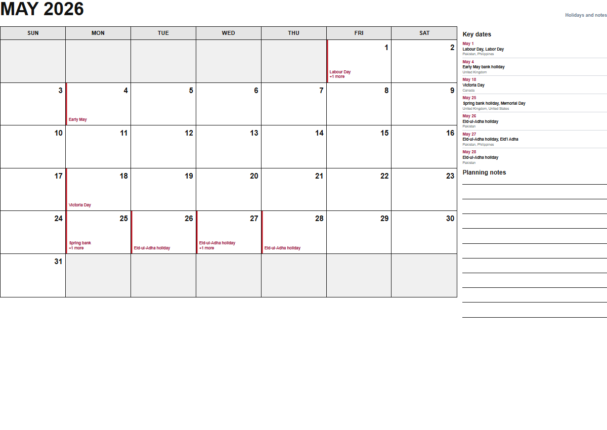 May 2026 calendar with holidays and notes PDF preview