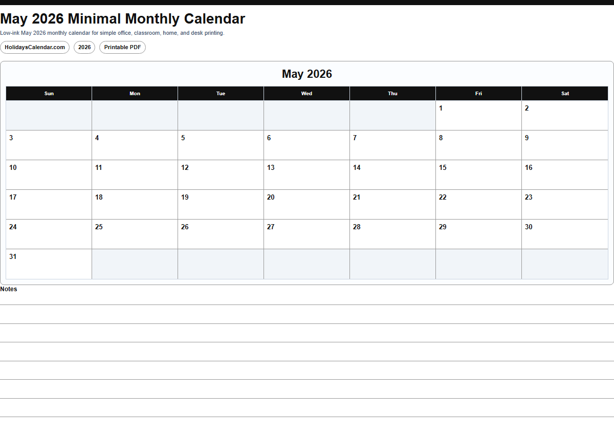 May 2026 minimal monthly calendar PDF preview