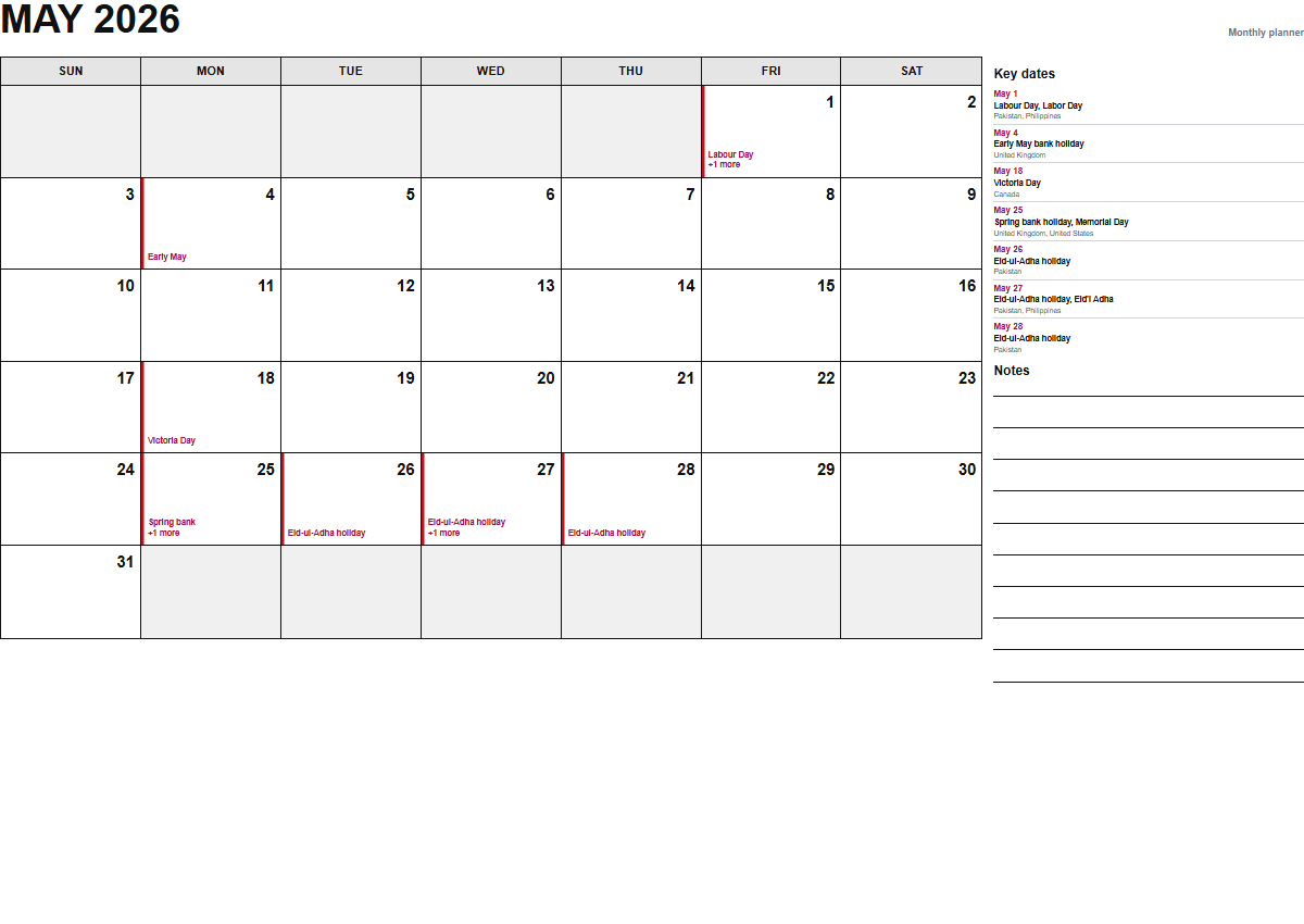 May 2026 monthly planner calendar PDF preview
