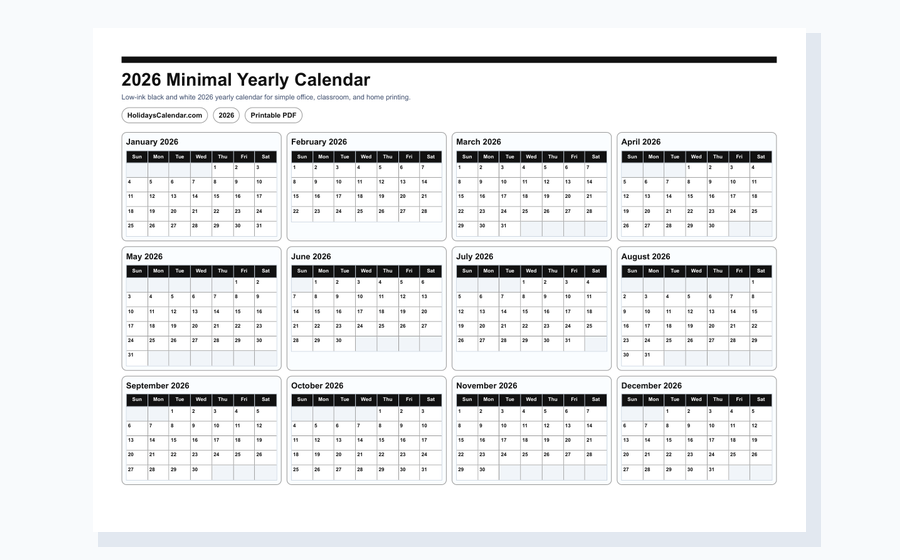 2026 minimal yearly calendar PDF preview