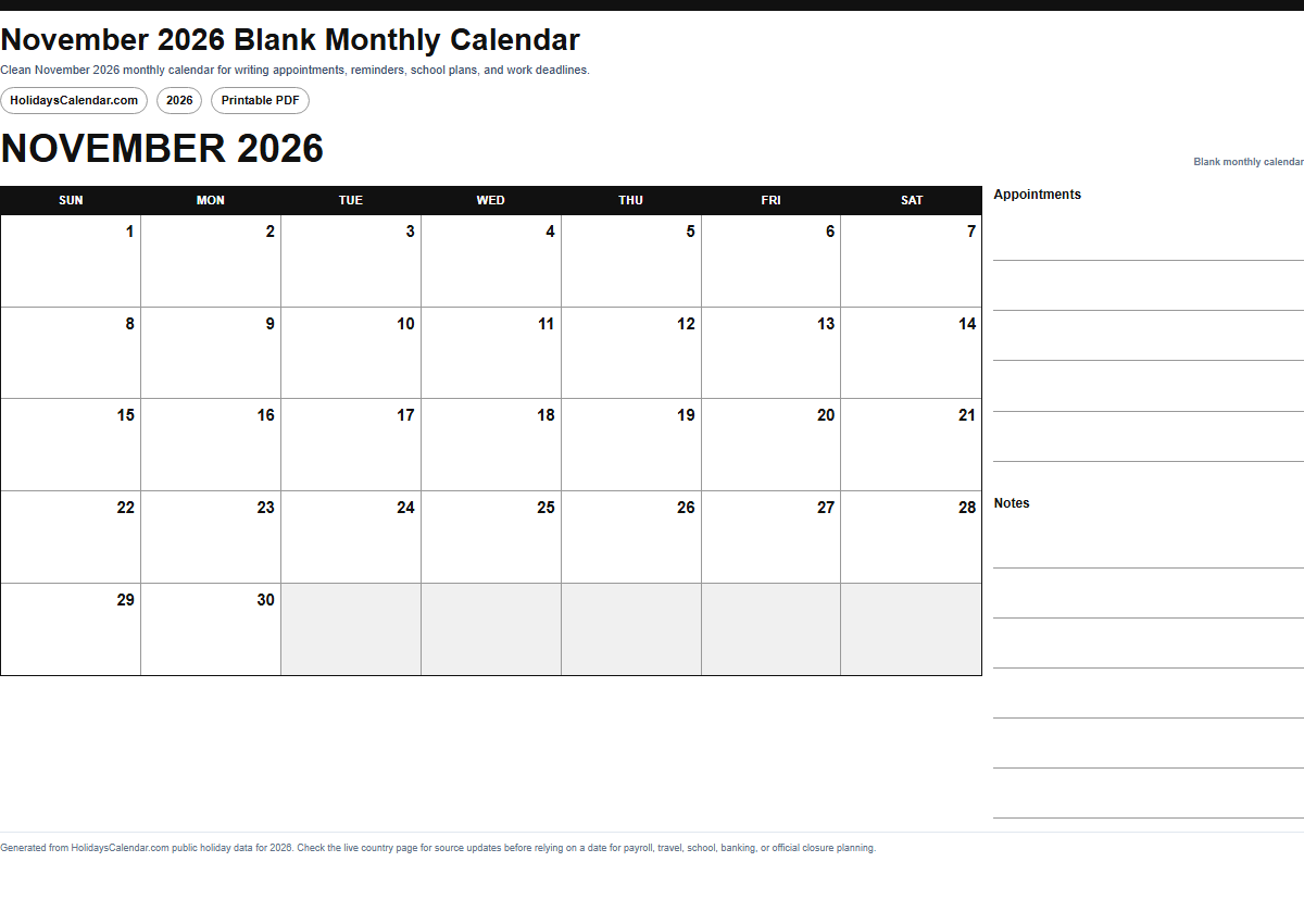 November 2026 blank monthly calendar PDF preview