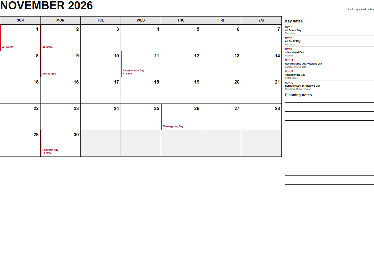 November 2026 calendar with holidays and notes PDF preview