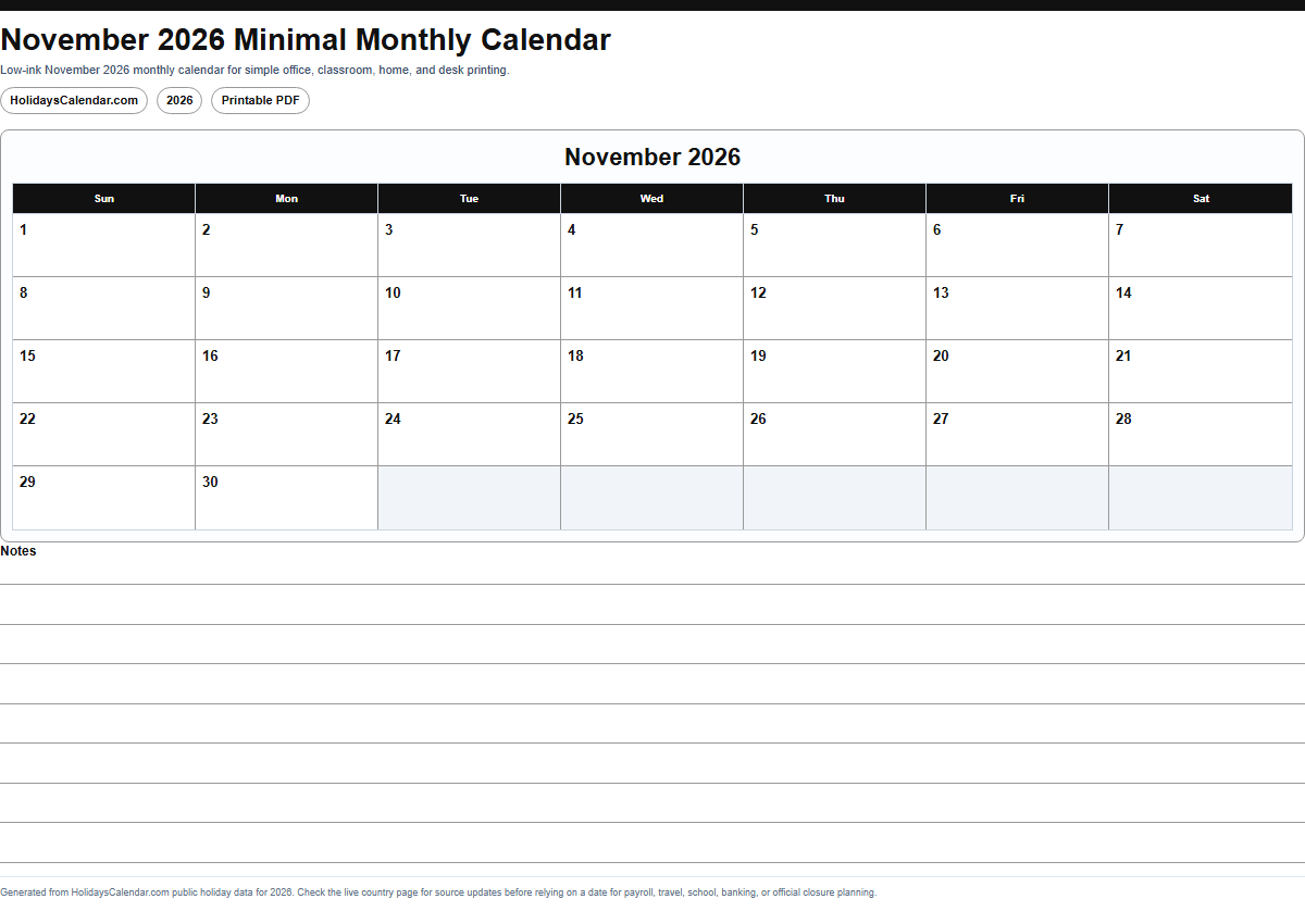 November 2026 minimal monthly calendar PDF preview
