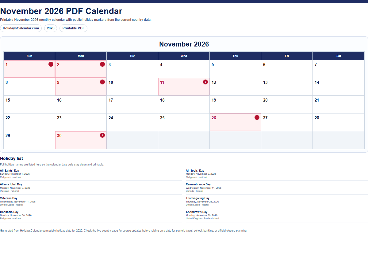 November 2026 PDF calendar preview