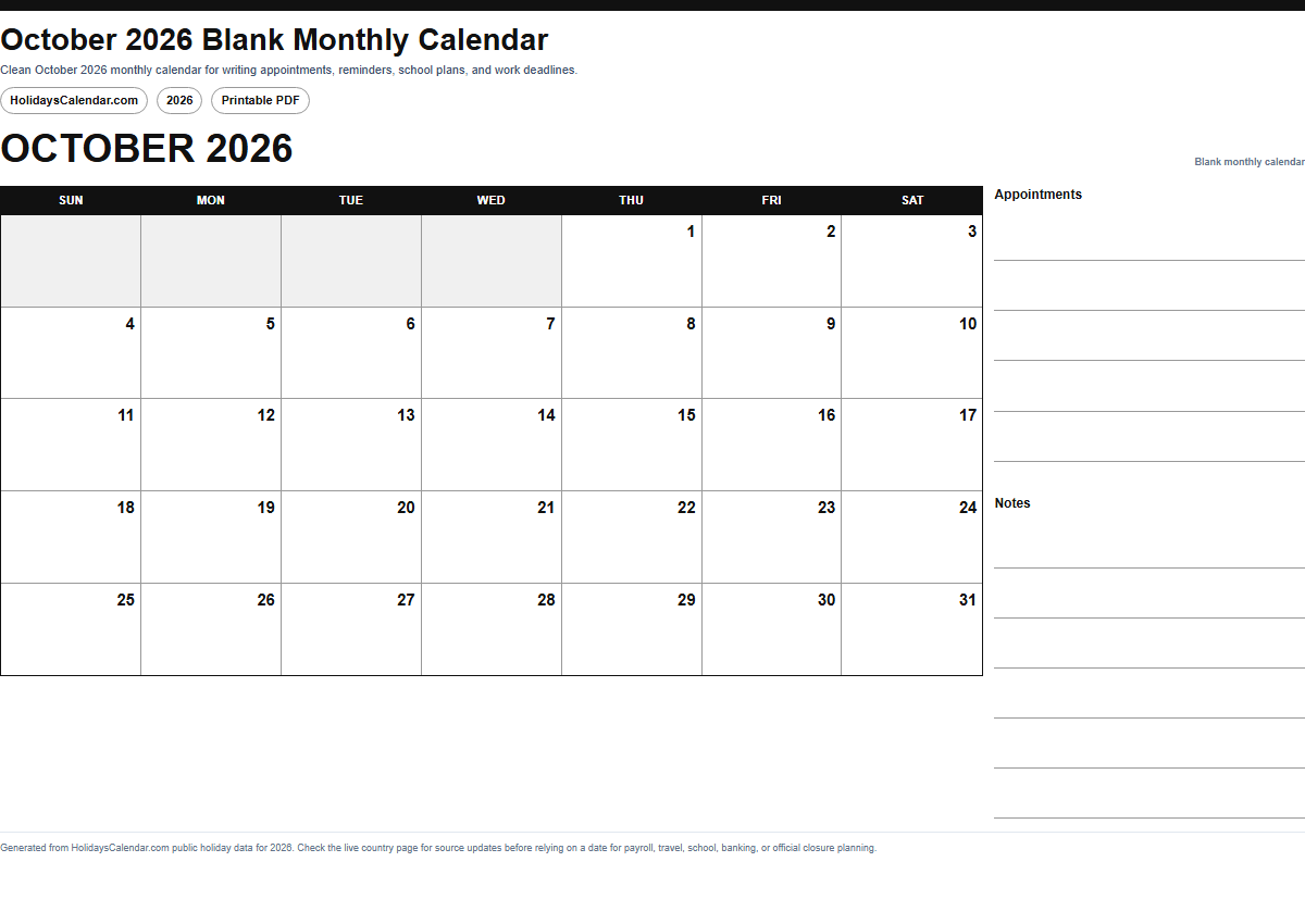 October 2026 blank monthly calendar PDF preview