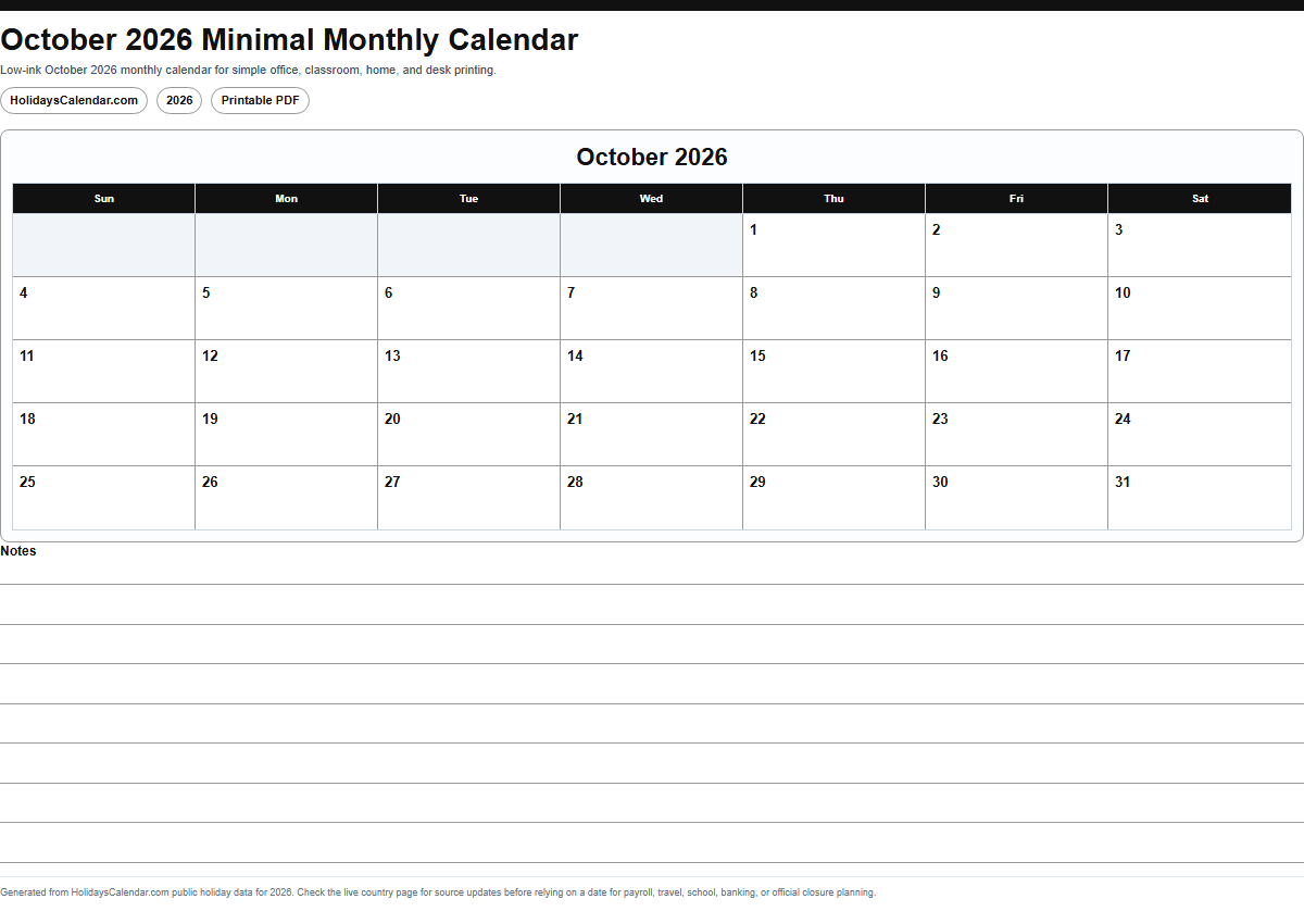 October 2026 minimal monthly calendar PDF preview