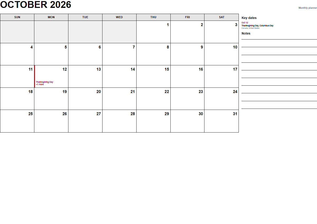 October 2026 monthly planner calendar PDF preview