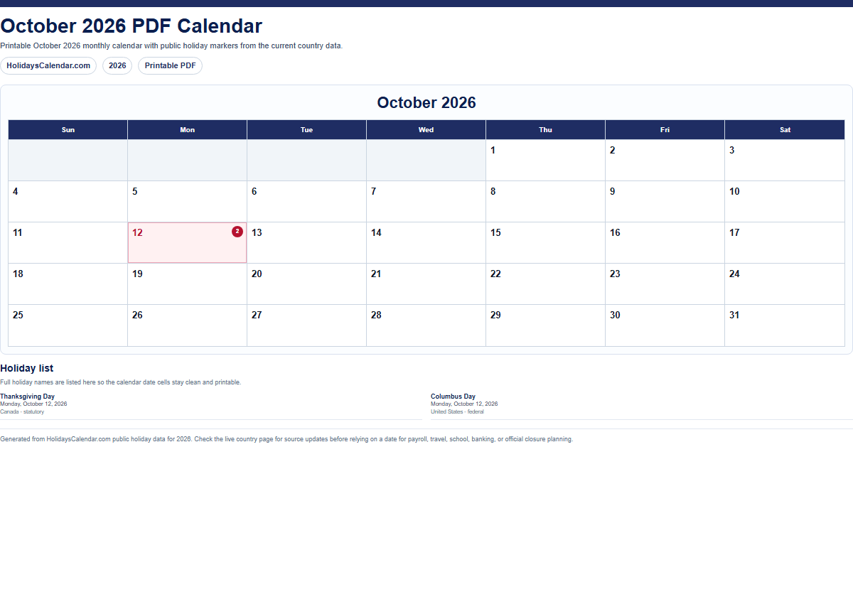 October 2026 PDF calendar preview