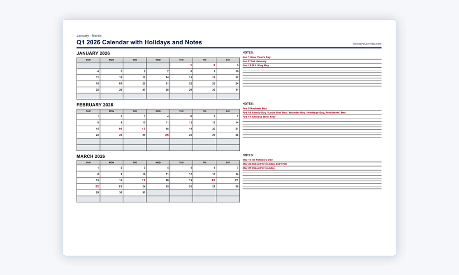 2026 quarterly calendar with holidays and notes PDF preview