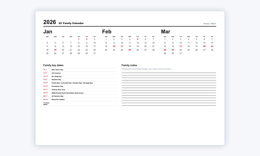 2026 quarterly family calendar PDF preview
