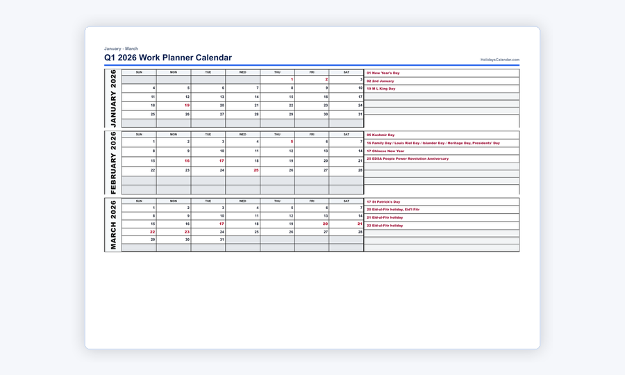 2026 quarterly work planner calendar PDF preview