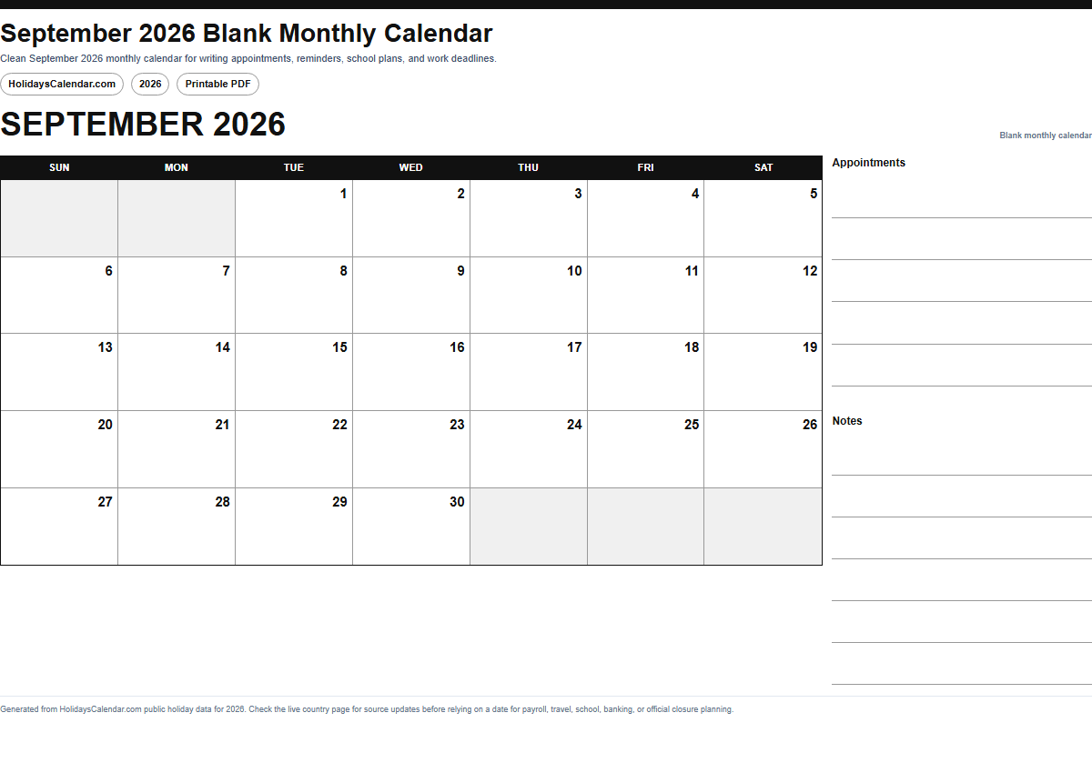 September 2026 blank monthly calendar PDF preview