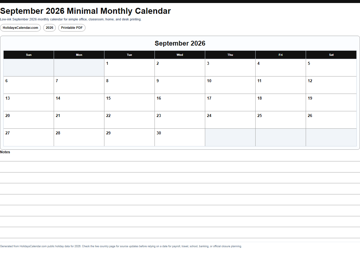 September 2026 minimal monthly calendar PDF preview