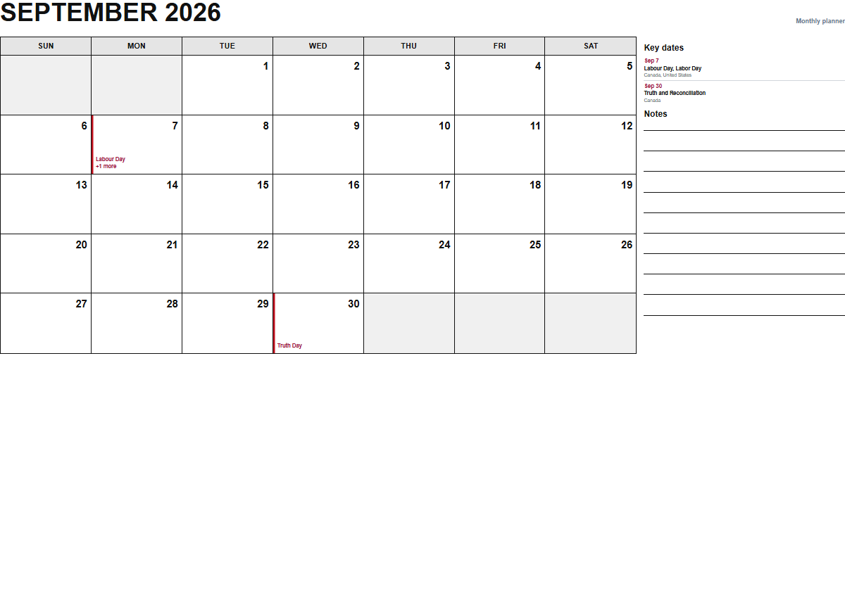 September 2026 monthly planner calendar PDF preview