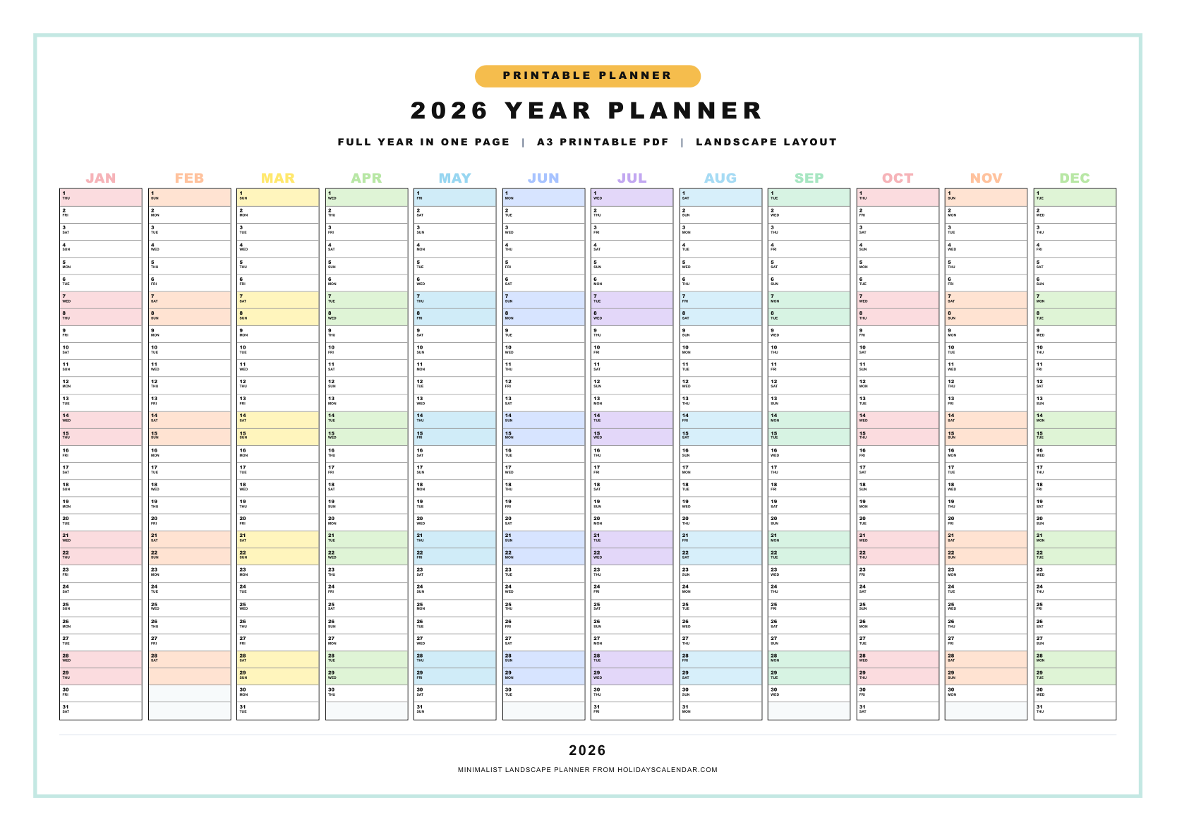 2026 yearly calendar template minimalist landscape planner A3 printable PDF preview