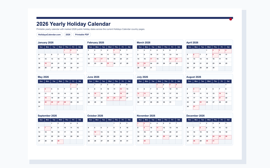 2026 yearly holiday calendar PDF preview
