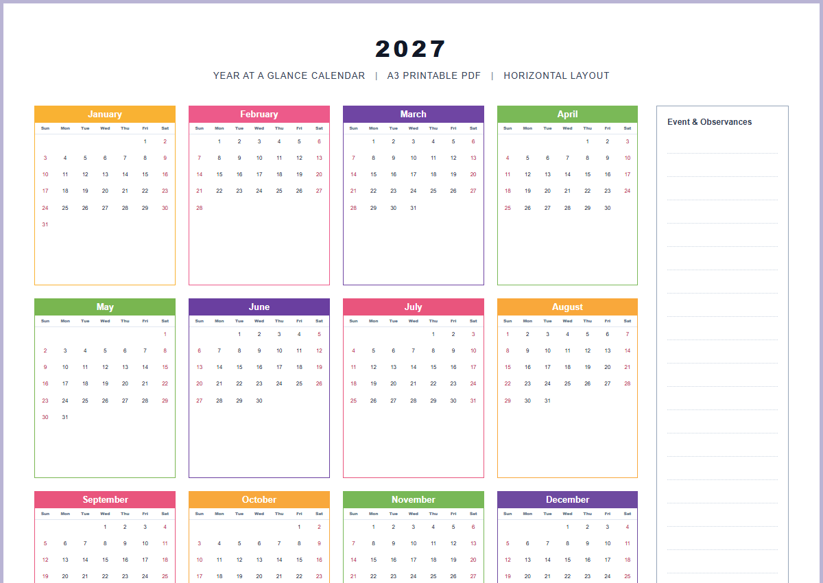 2027 2028 printable calendar year at a glance A3 printable PDF preview