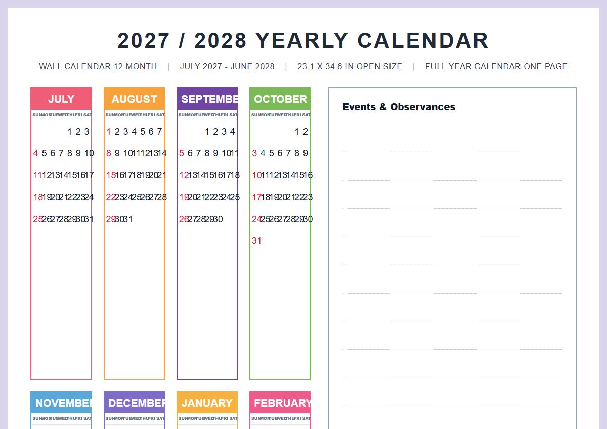 2027 2028 yearly wall calendar July 2027 to June 2028 full year calendar one page PDF preview