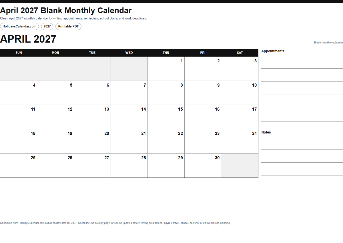 April 2027 blank monthly calendar PDF preview