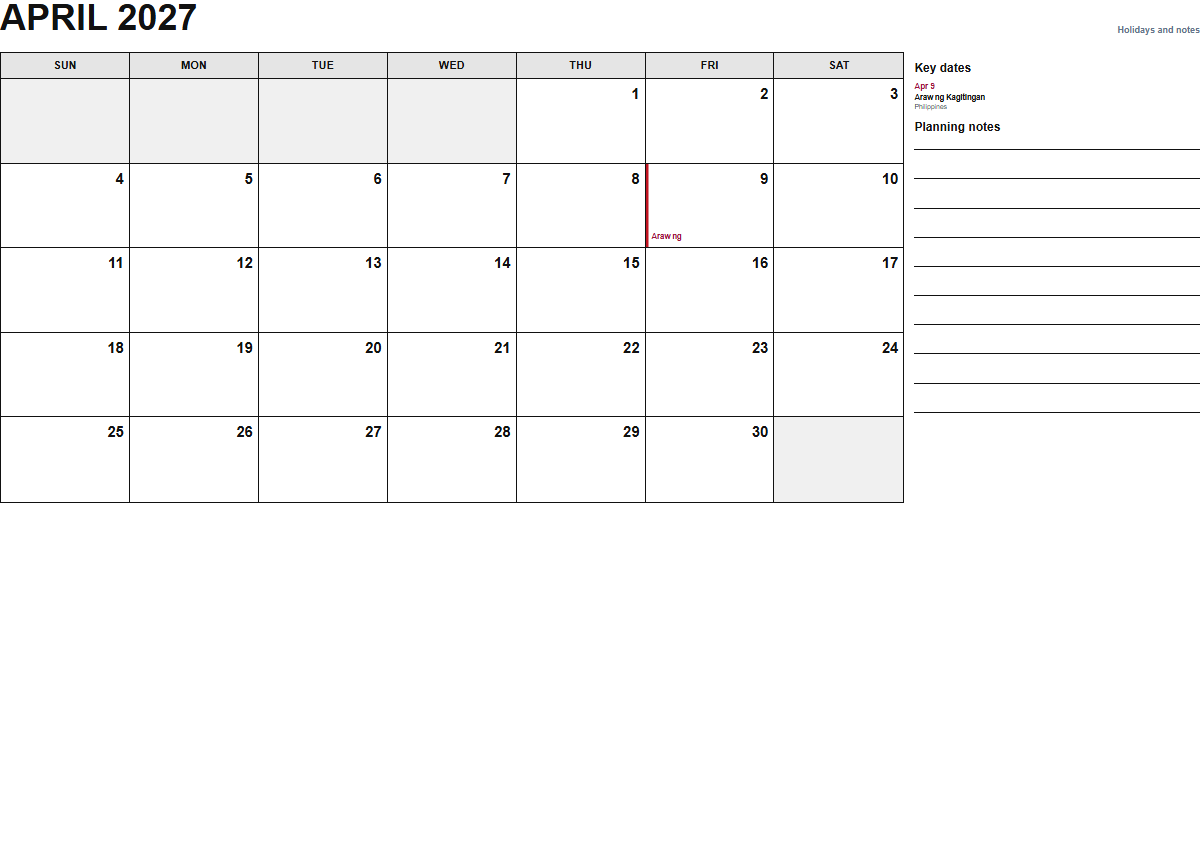 April 2027 calendar with holidays and notes PDF preview