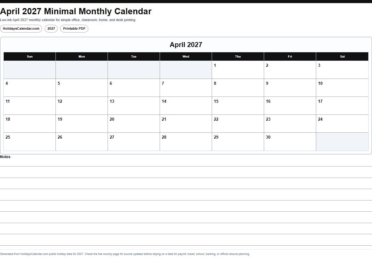 April 2027 minimal monthly calendar PDF preview
