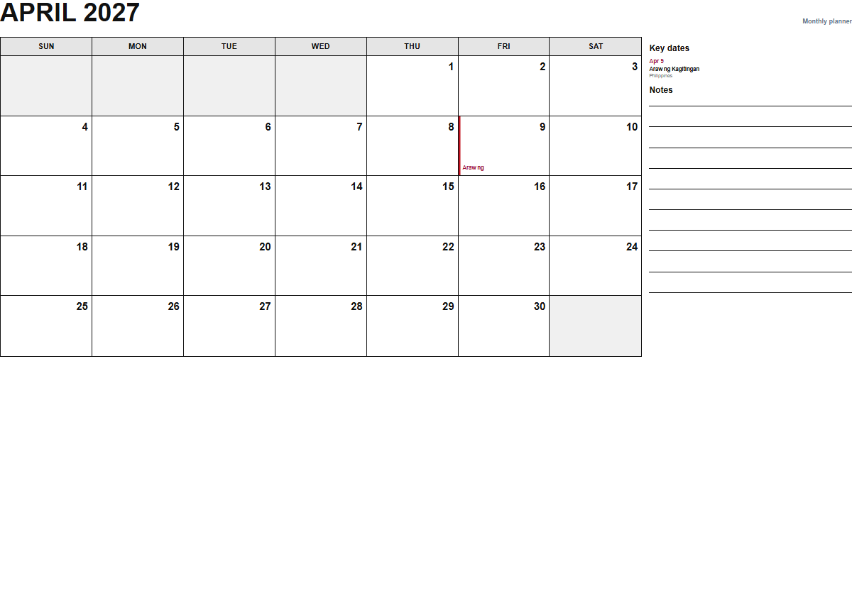 April 2027 monthly planner calendar PDF preview