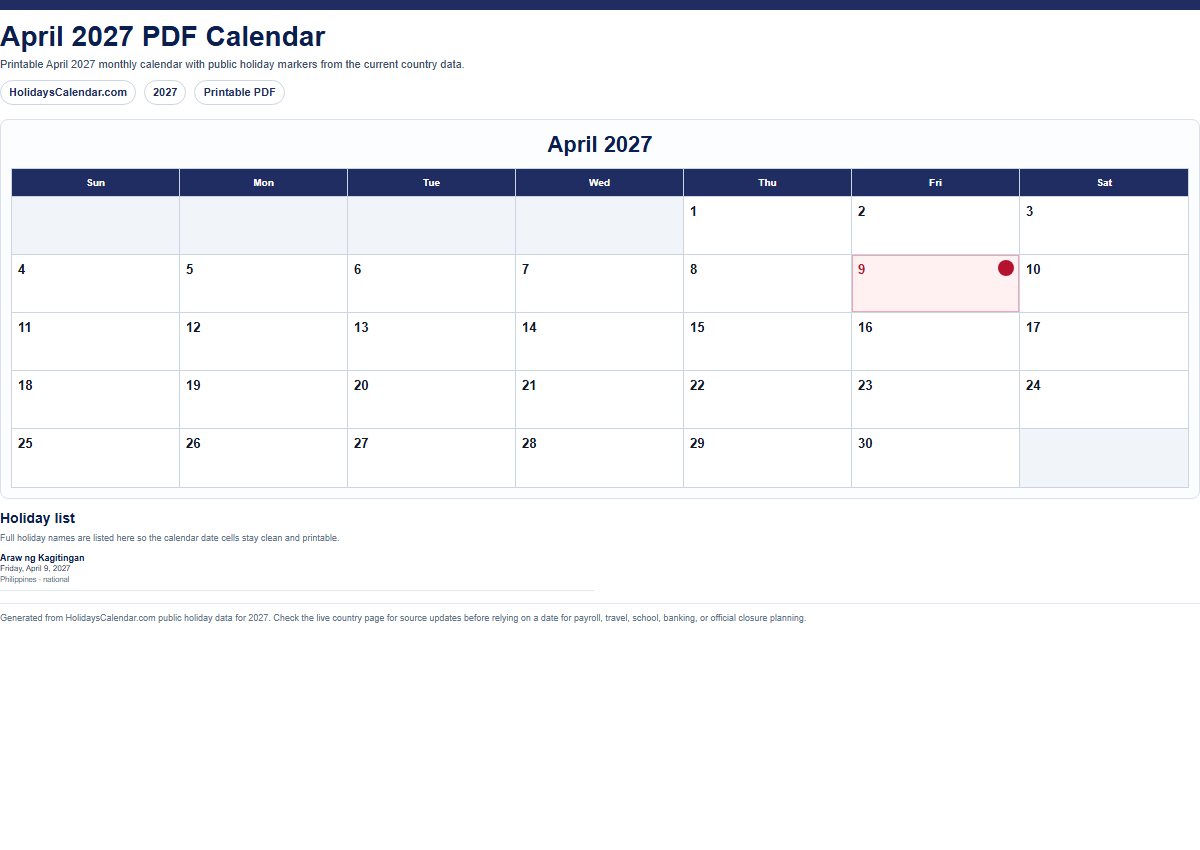 April 2027 PDF calendar preview