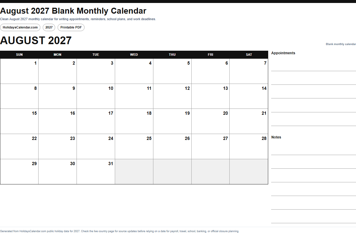 August 2027 blank monthly calendar PDF preview