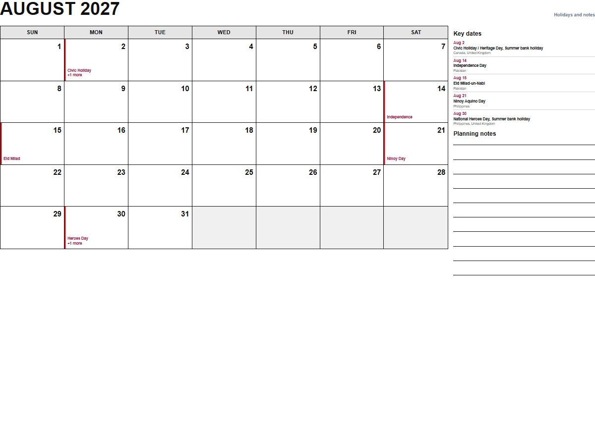 August 2027 calendar with holidays and notes PDF preview