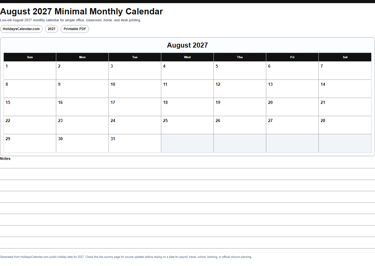 August 2027 minimal monthly calendar PDF preview
